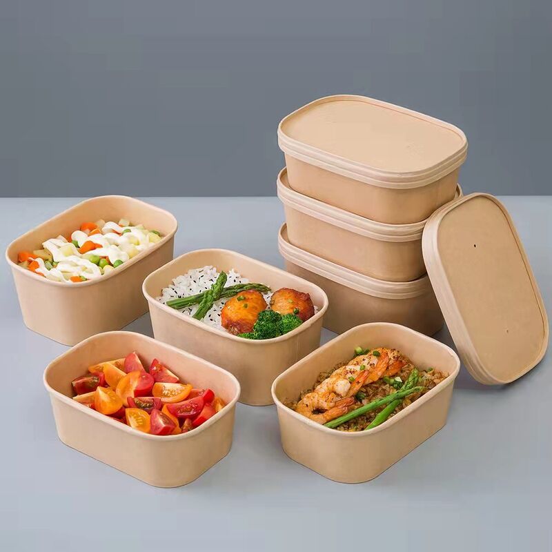 Custom Printed Rectangular Kraft Paper Bowls Disposable Takeout Containers Lids Thick Fast Food Packaging Boxes Matt Boxes