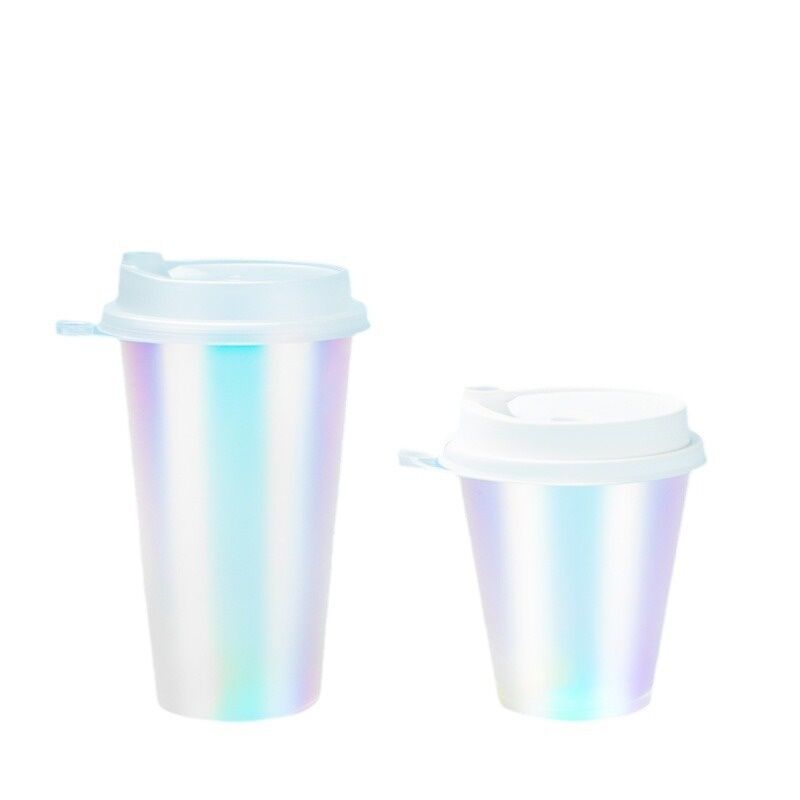 Tasses à café moulées par injection IML avec logo personnalisé - Tasses à boissons en plastique à film arc-en-ciel avec couvercles, jetables