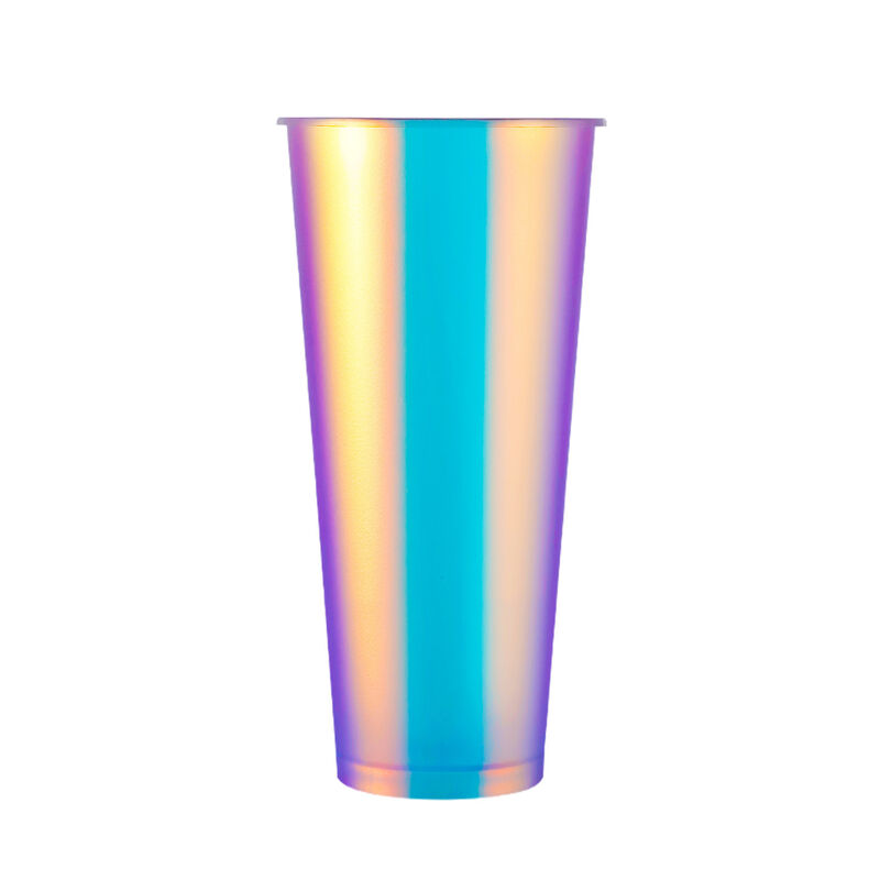 Tasses à café moulées par injection IML avec logo personnalisé - Tasses à boissons en plastique à film arc-en-ciel avec couvercles, jetables