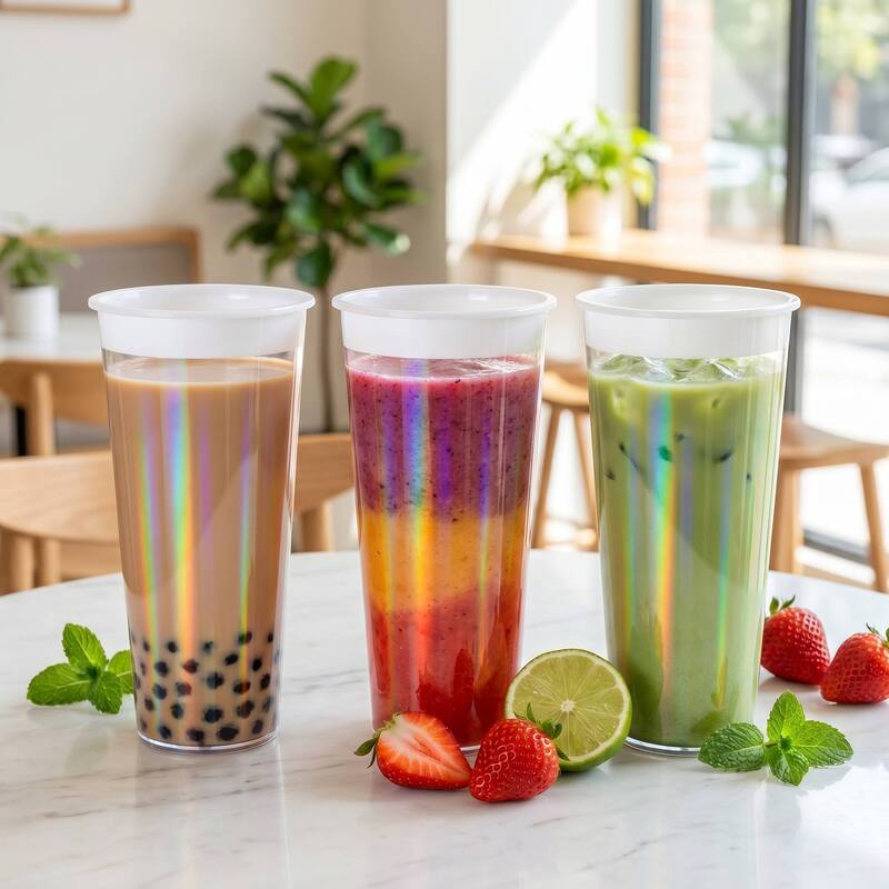 Tasses à café moulées par injection IML avec logo personnalisé - Tasses à boissons en plastique à film arc-en-ciel avec couvercles, jetables