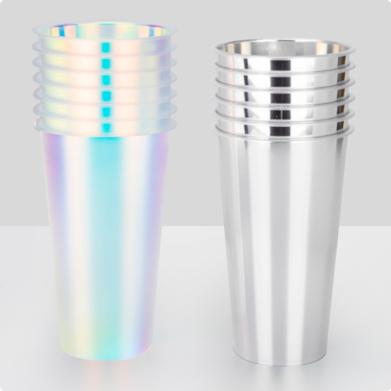 Tasses à café moulées par injection IML avec logo personnalisé - Tasses à boissons en plastique à film arc-en-ciel avec couvercles, jetables