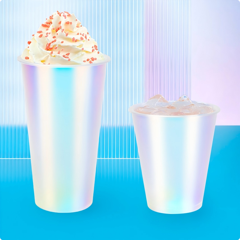 Tasses à café moulées par injection IML avec logo personnalisé - Tasses à boissons en plastique à film arc-en-ciel avec couvercles, jetables