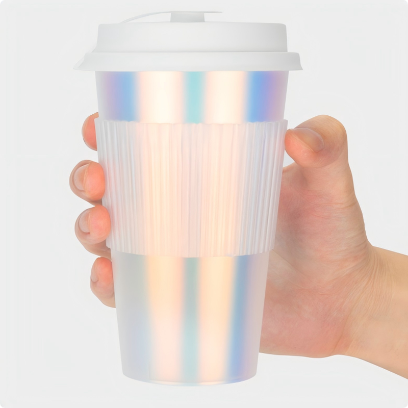 Tasses à café moulées par injection IML avec logo personnalisé - Tasses à boissons en plastique à film arc-en-ciel avec couvercles, jetables