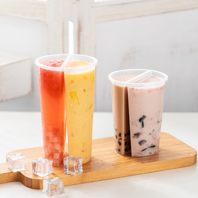 Vente en gros de tasses à double compartiment de calibre 95 mm ️ tasses en plastique à double face avec couvercle pour le thé Boba, les jus et les boissons mixtes